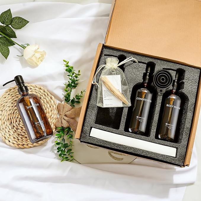 Amber Glass Shampoo and Conditioner Dispenser Set – Refillable 16 OZ Bottles with Pump, Concrete Tray Included – Modern Bathroom Organization