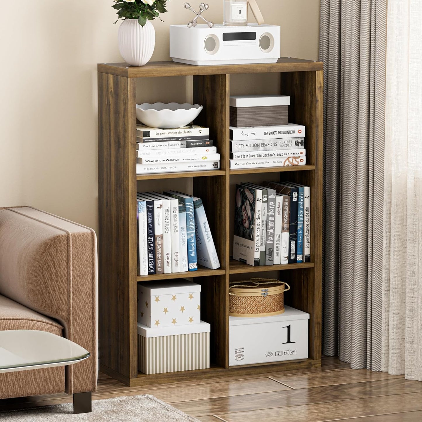 Cube Storage Organizer Bookcase, Decorative 11 inch Open Back Cubical Shelf with Thickened Border, Display Bookshelf for Living Room, Home Office, Sturdy Room (Brown, 6 Cube)