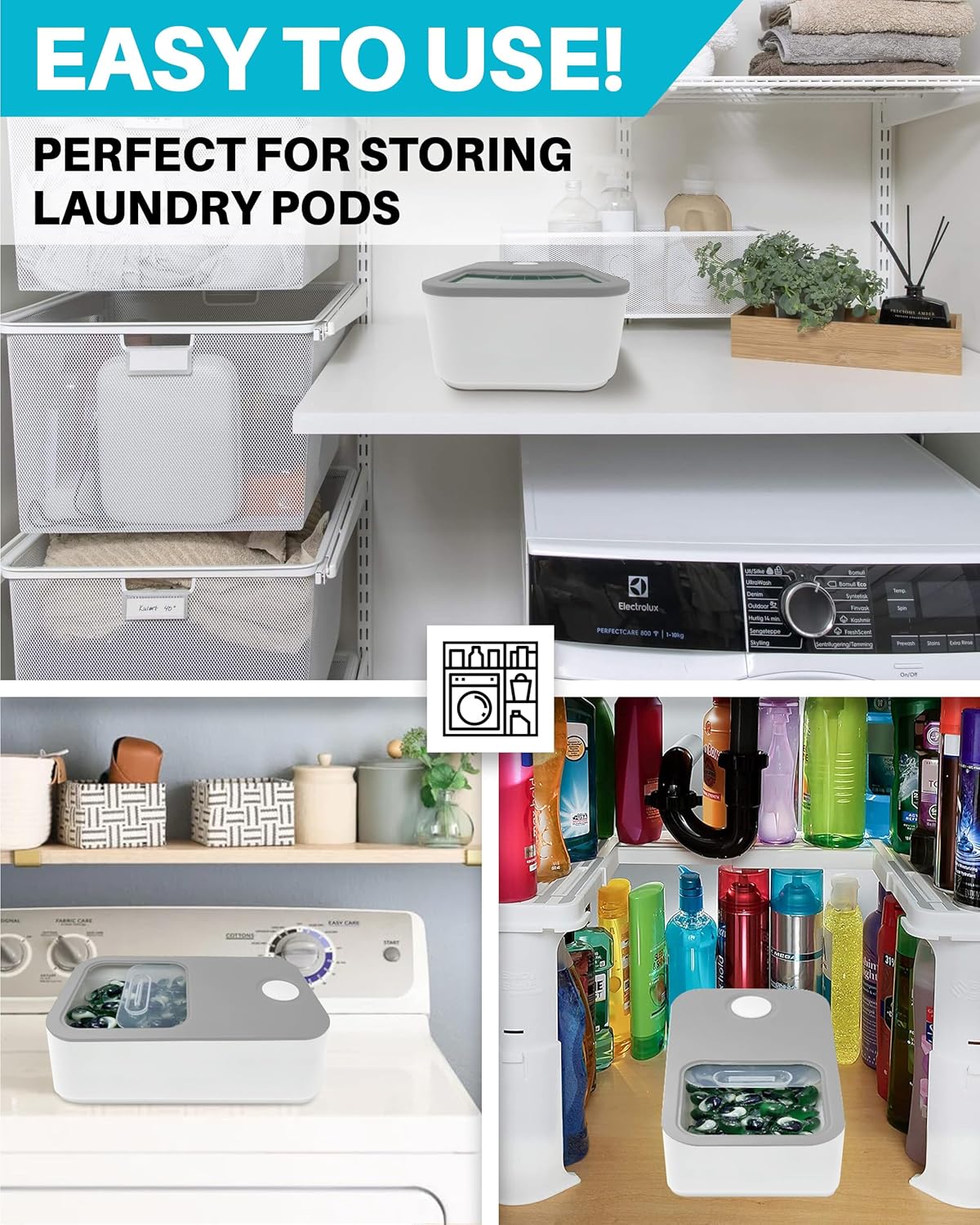 Skywin Large Laundry Pods Container with Slide Lid, 2 Pack Laundry Pod Holder 15 x 8.7 x 4.5 In, Holds 11 lbs OR 120-150 Pods, Laundry Pod Container, Dishwasher Pods Container (Grey)