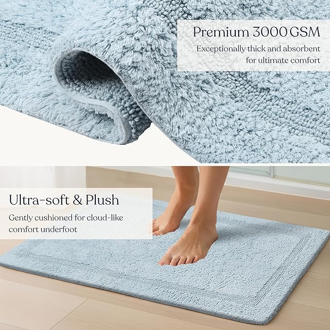 Delara Organic Cotton Reversible Bath Mat – 3000 GSM, GOTS Certified, Ultra-Thick & Super Absorbent | Soft, Plush & Quick-Drying Bathroom Rug (Light Blue, 30x50)