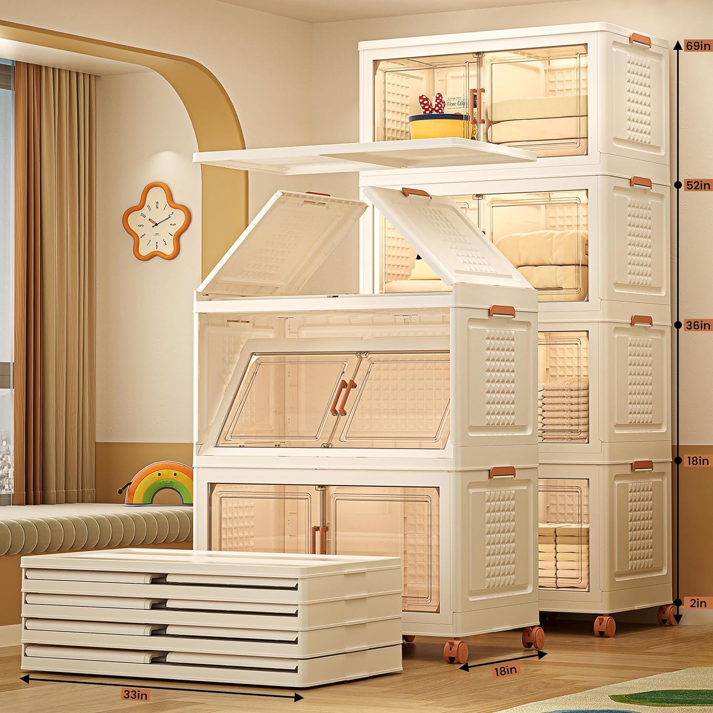 752QT/188Gal 4 Layers Stackable Storage Bins with Lid & Doors - Sensor Lights in Cabinets, Large Collapsible Container Box with 6 Wheels, Plastic Foldable Organizer for Home