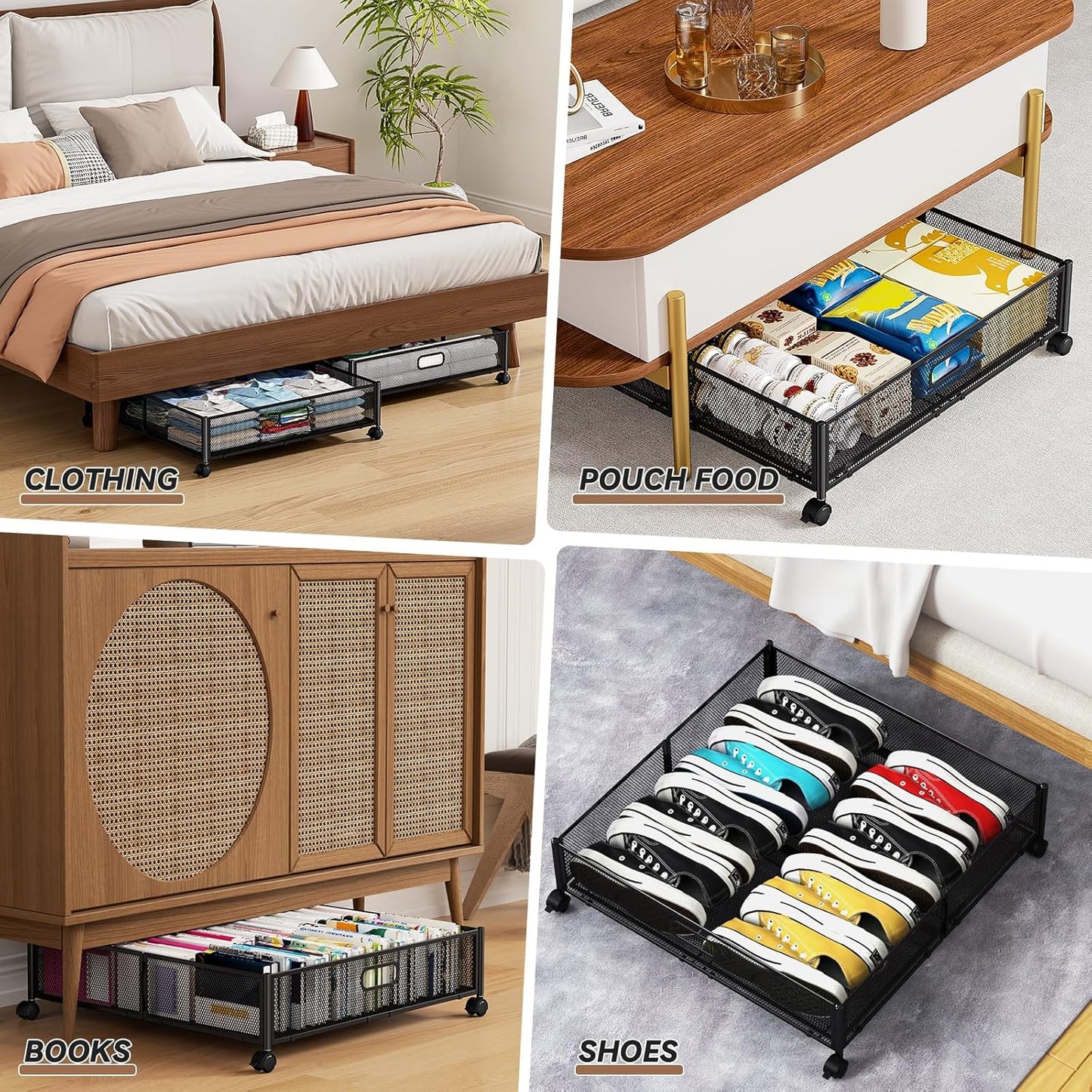 Under Bed Storage Containers with Wheels - Shoe Storage Organizer Drawer, Tool-free Assembly Metal Underbed Storage for Bedroom Clothes, Shoes, Blankets - 4Pack