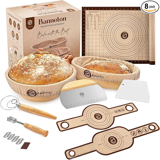 Banneton Bread Proofing Basket Set with Sourdough Bread Baking Supplies, A Complete Sourdough Starter Kit with Bread Lame, Danish Whish, Bowl & Dough Scraper, 2 Bread Slings, and Baking Mat