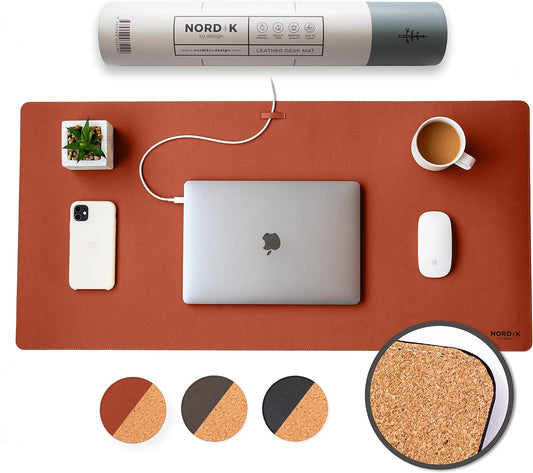 Nordik Cork Leather Desk Mat Cable Organizer - Saddle Brown 35 X 17 inch - Premium Extended Mouse Mat for Home Office Accessories - Non-Slip Vegan Leather Desk Pad Protector & Desk Blotter Pad