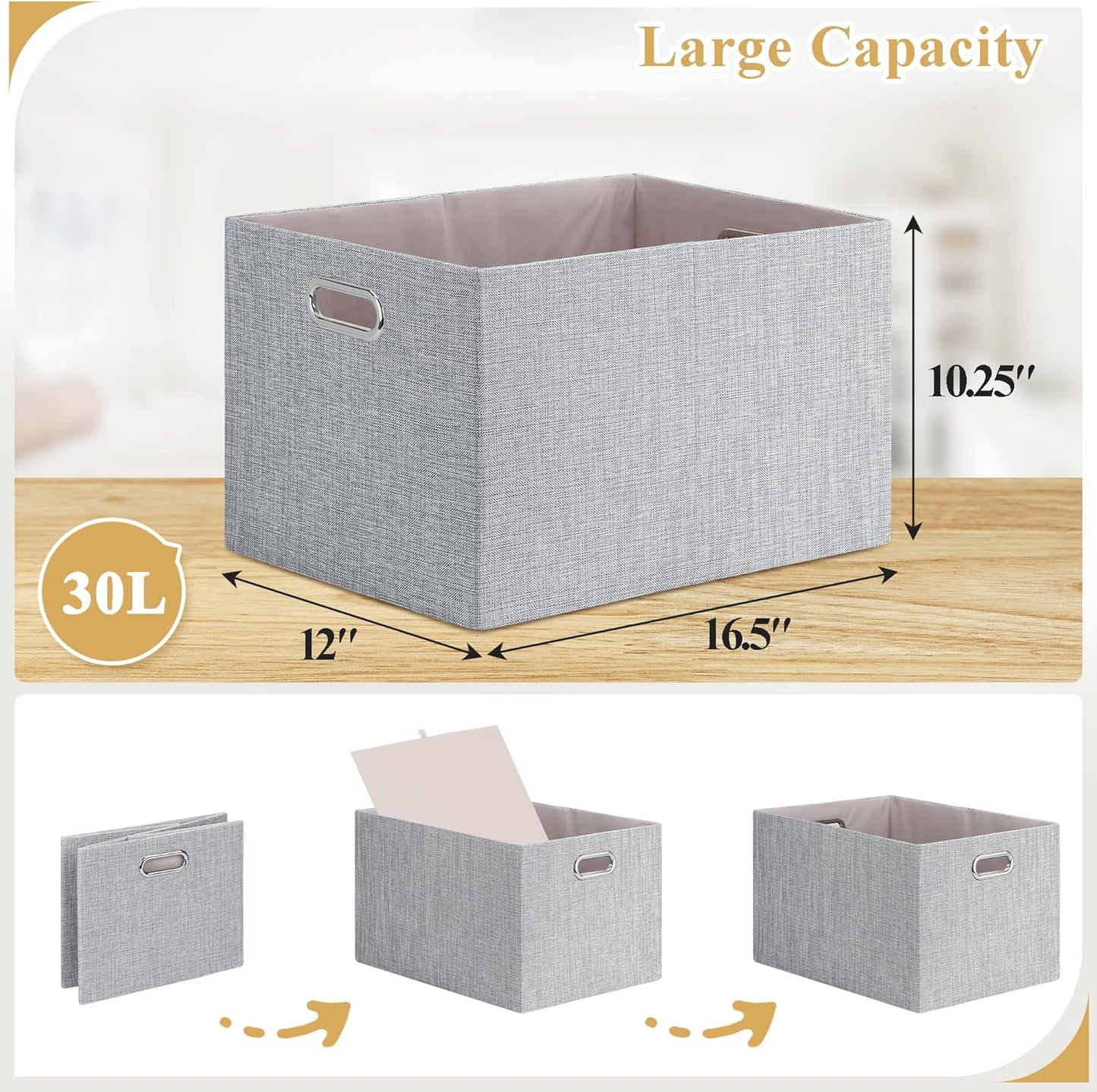 Posprica Closet Organizers and Storage, 4 Pack Large Linen Storage Bins, Decorative Shelf Storage Baskets for Organizing, Foldable Fabric Storage Box for Clothes, Toy, 16.5x12x10.25 Inch(Grey)