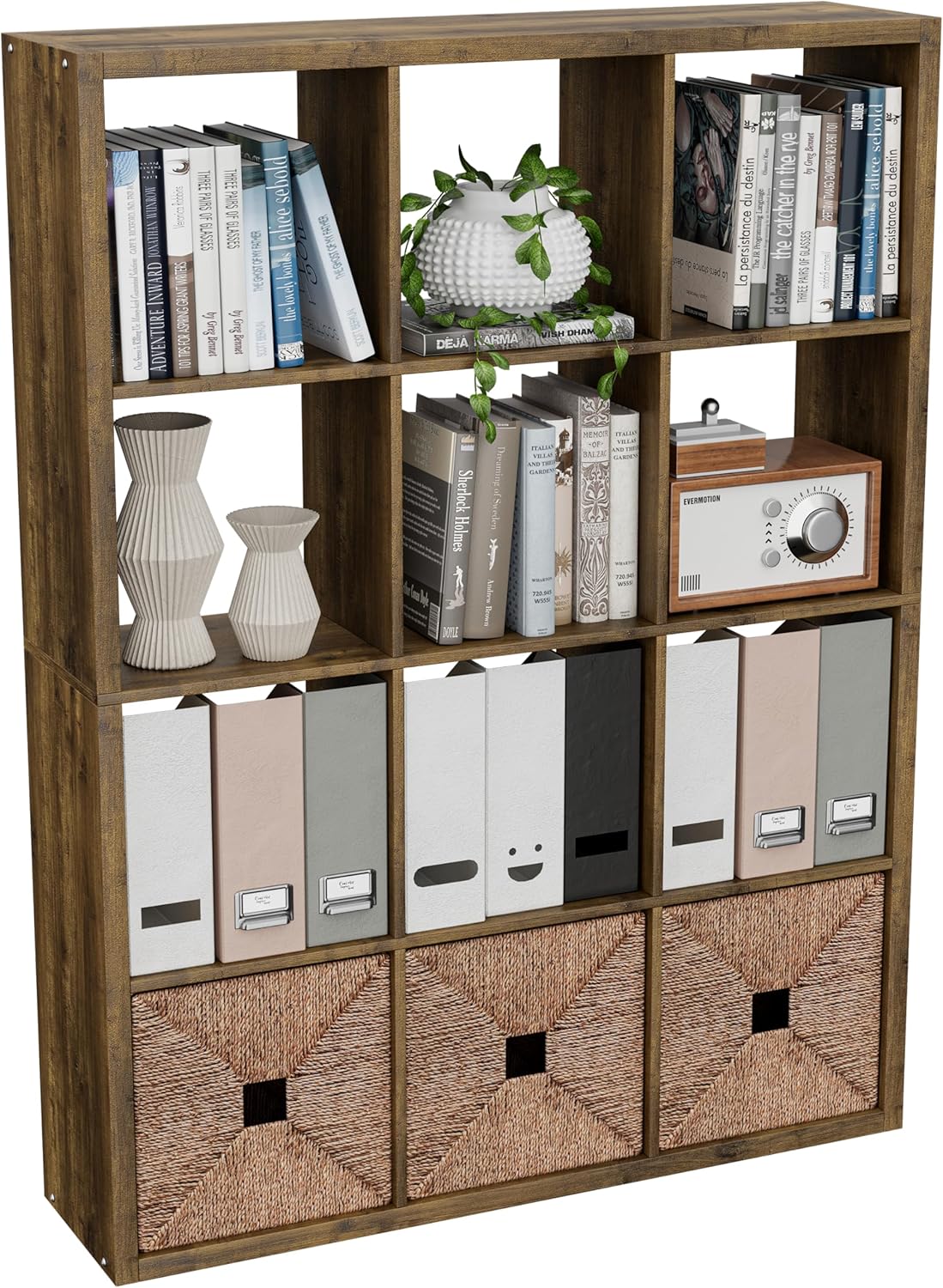 Cube Storage Organizer Bookcase, Decorative 11 inch Open Back Cubical Shelf with Thickened Border, Display Bookshelf for Living Room, Home Office, Sturdy Room (Brown, 12 Cube)