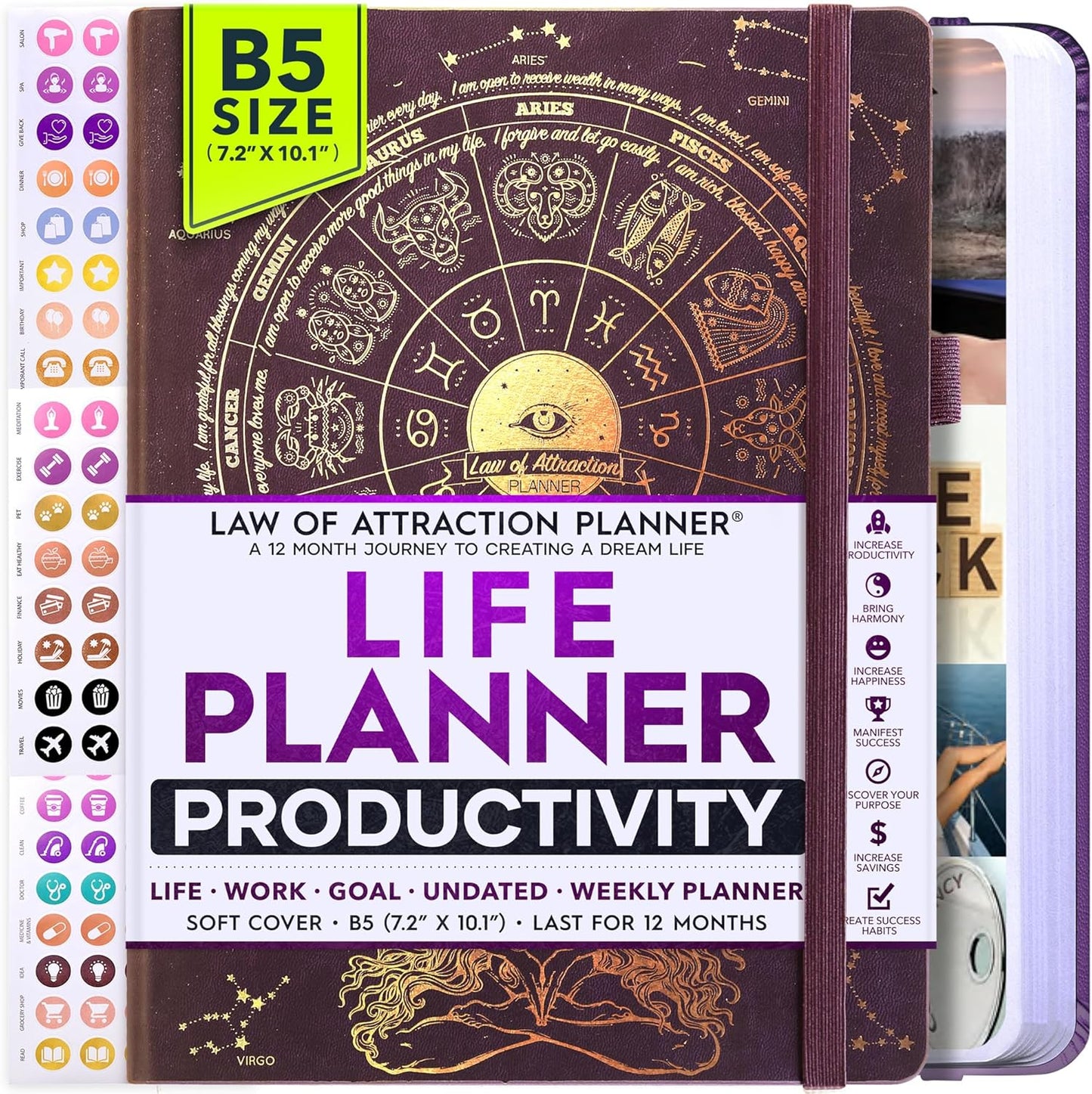 Law of Attraction Planner – Undated Hourly, Weekly & Monthly Goal Setting Planner, 12-Month to Increase Productivity | Life & Gratitude Journal, Include Foldable Vision Board, Gift Box & Stickers