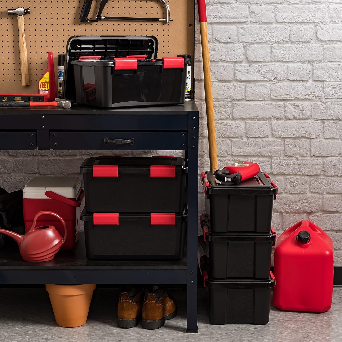 IRIS USA WeatherPro 19 Qt Storage Bins with Lids, 6 Pack, BPA-Free Plastic Gasket Box with Tight Latch and Seal, Stackable Nestable Tote Tub - Black/Red