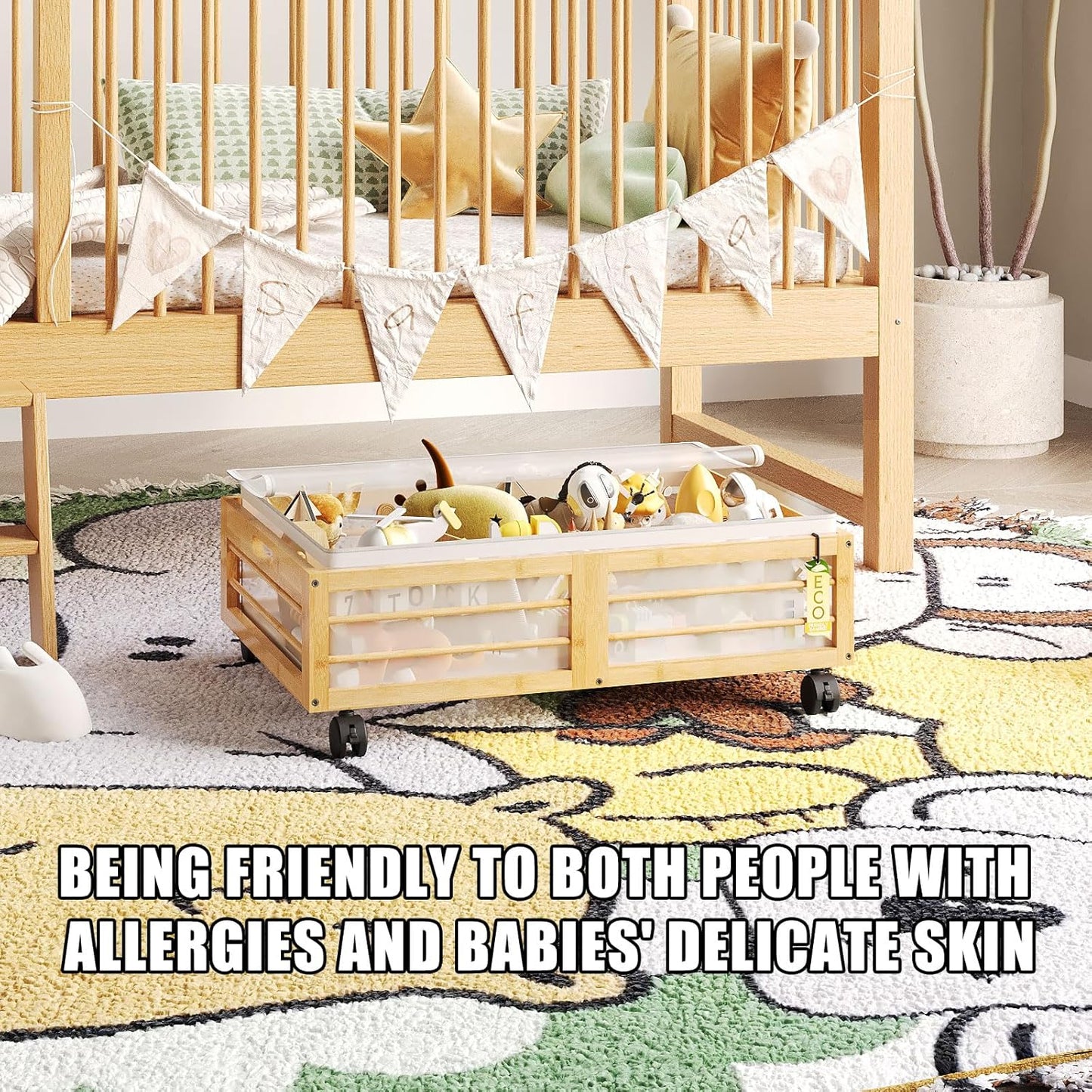 Under Bed Storage Containers with Wheels, Larger Bamboo Wood Under Furniture Storage Containers with Dust Bags，Rolling for Shoes Clothes