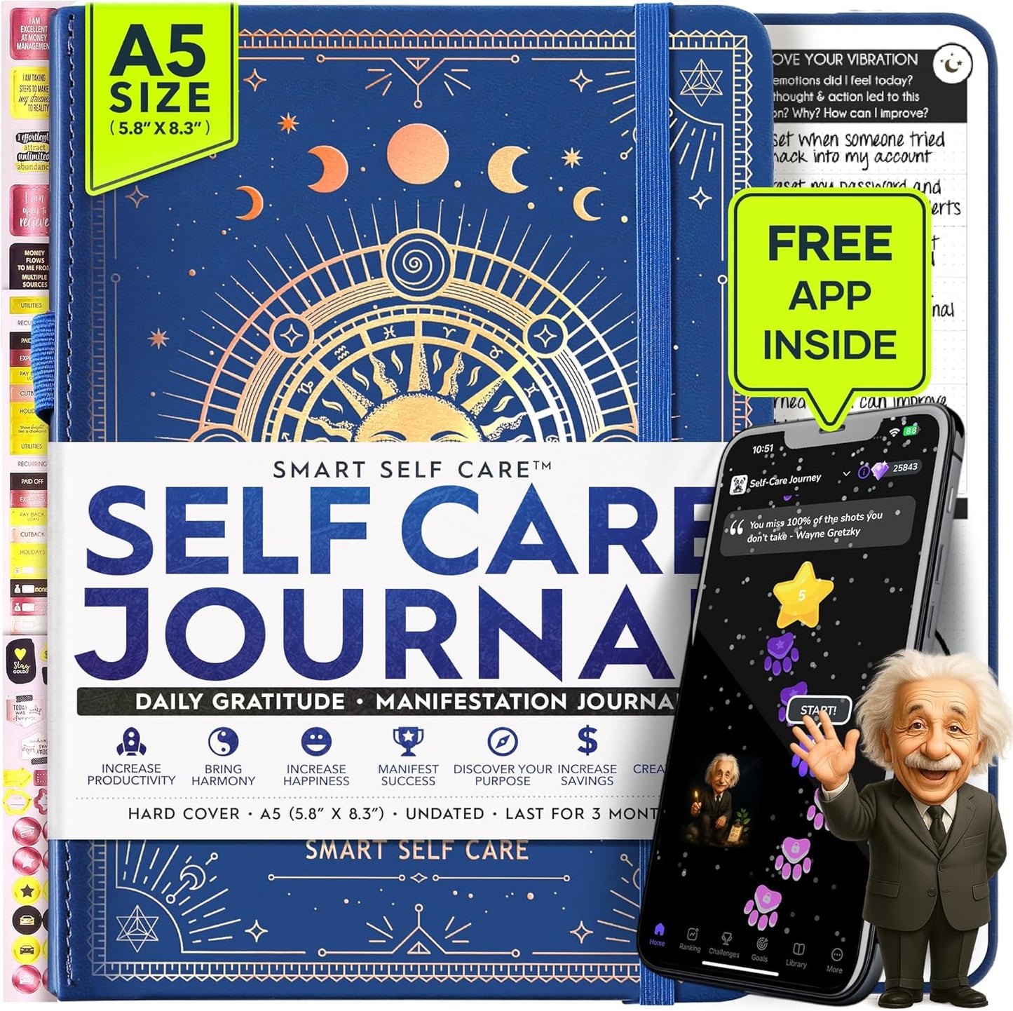 Self Care Journal - 5 Minute Mental Health & Manifestation Journal | 90-Day Undated Daily Planner for Positivity, Affirmations & Gratitude | Guided Mindfulness, Reflection | Vision Board + Stickers