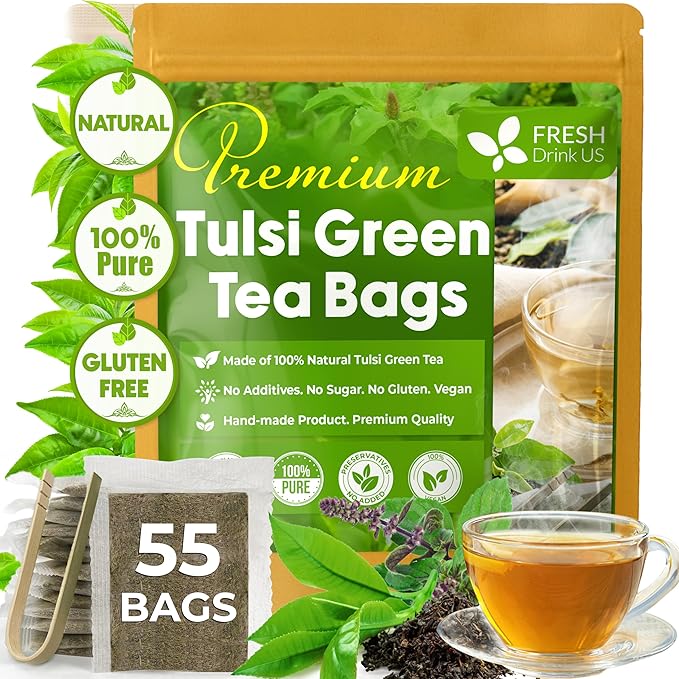 FreshDrinkUS, Premium 55 Tulsi Green Tea Bags, 100% Natural, Blend of Tulsi Holy Basil Leaves, and Green Tea Leaves. Made with Natural Material Tea Bags. No Sugar, Vegan.