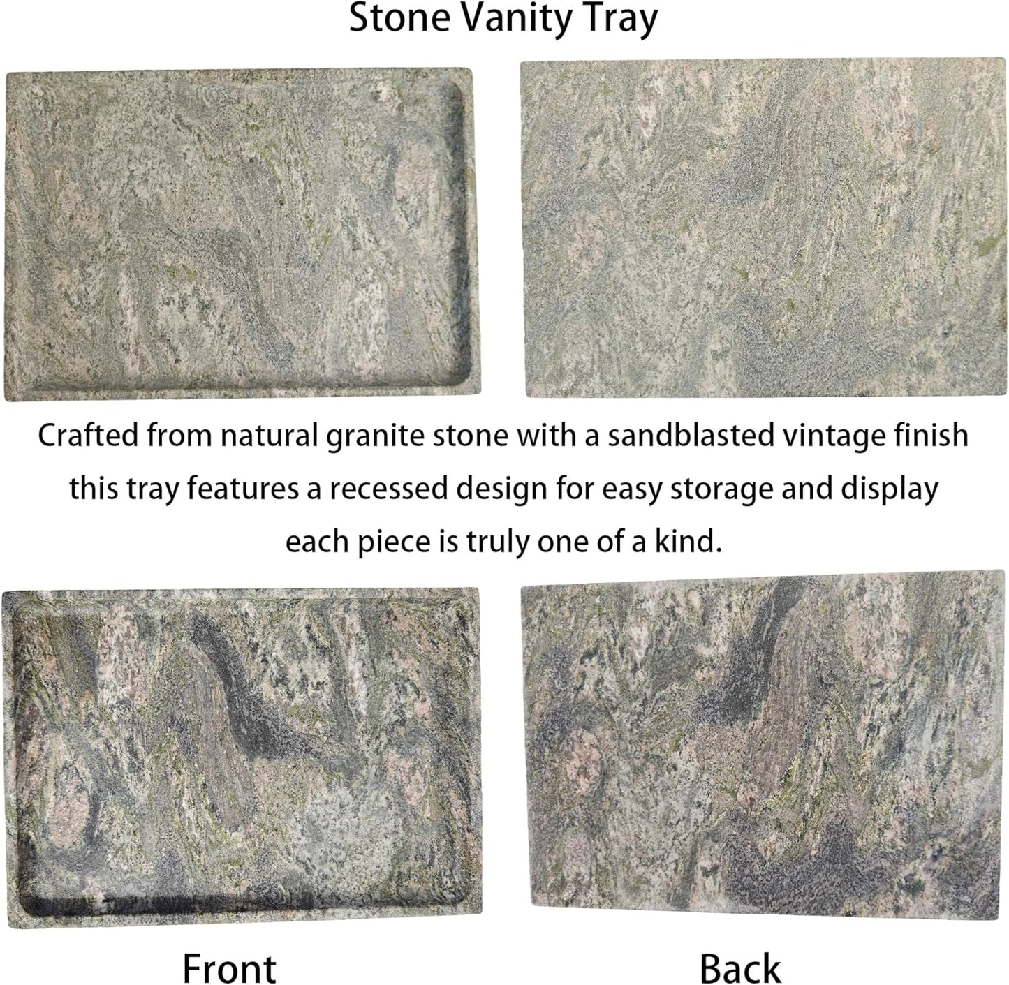 Large Stone Granite Vanity Tray 12 x 8 in - Rectangular Sand-Blasted Non-Slip Organizer with Grooved Edge, Vintage Catchall for Bathroom, Kitchen, Entryway & Bedroom (Imperial Green)