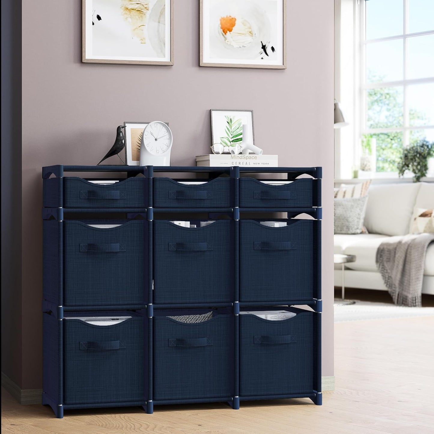 9 Cube Distressed Organizer with Drawers - Easy Assemble - Baby, Kids Dorm Room Organizer (Navy)
