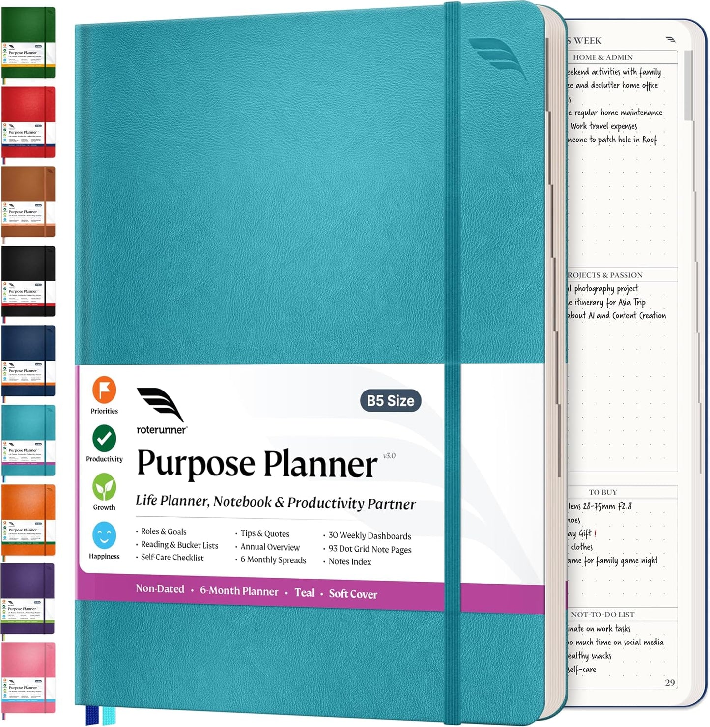 Roterunner Purpose Planner Notebook B5 7.5”x9.8” Undated 2026 Daily Weekly and Monthly Productivity Goal Setting Tool for Work Home ADHD Planner for Adults Self Care Journal