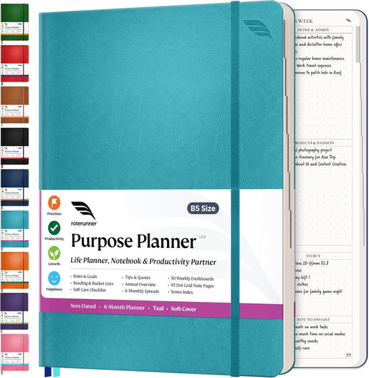 Roterunner Purpose Planner Notebook B5 7.5”x9.8” Undated 2026 Daily Weekly and Monthly Productivity Goal Setting Tool for Work Home ADHD Planner for Adults Self Care Journal