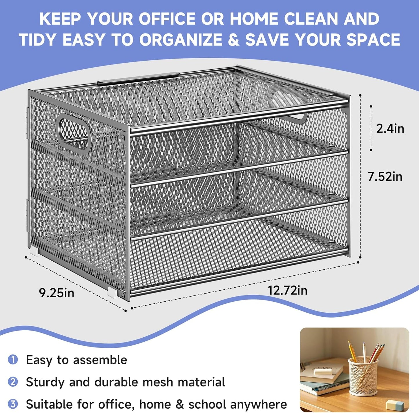 Subekyu Paper Letter Tray Organizer for Desk, Silver Metal Mesh Desk File Folder Sorter Organizer with Handle for Home Office School Supplies Organization