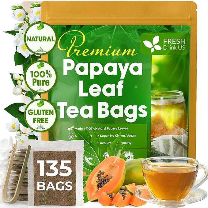 FreshDrinkUS, Premium 135 Papaya Leaf Tea Bags, 100% Natural & Pure from Papaya Leaves. Loose Leaf Herbal Tea. Made with Natural Material Tea Bags. No Sugar, No Caffeine, No Gluten, Vegan.
