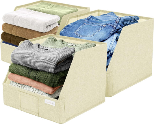 Trapezoid Closet Bins for Shelves – 12x12x10 Fabric Storage Baskets, Collapsible Organizer Boxes for Linen, Baby Clothes, Seasonal Storage – Light Beige, 3 Pack