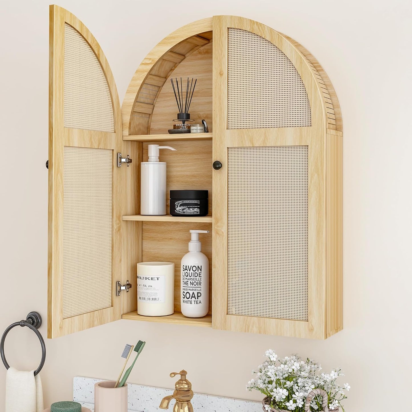 Turtle Myrtle Bathroom Medicine Cabinet Wall Mounted, Arched Wall Cabinet with Adjustable Shelf & Doors, Floating Cabinet for Wall Over The Toilet Storage Cabinet Space Saver,Natural