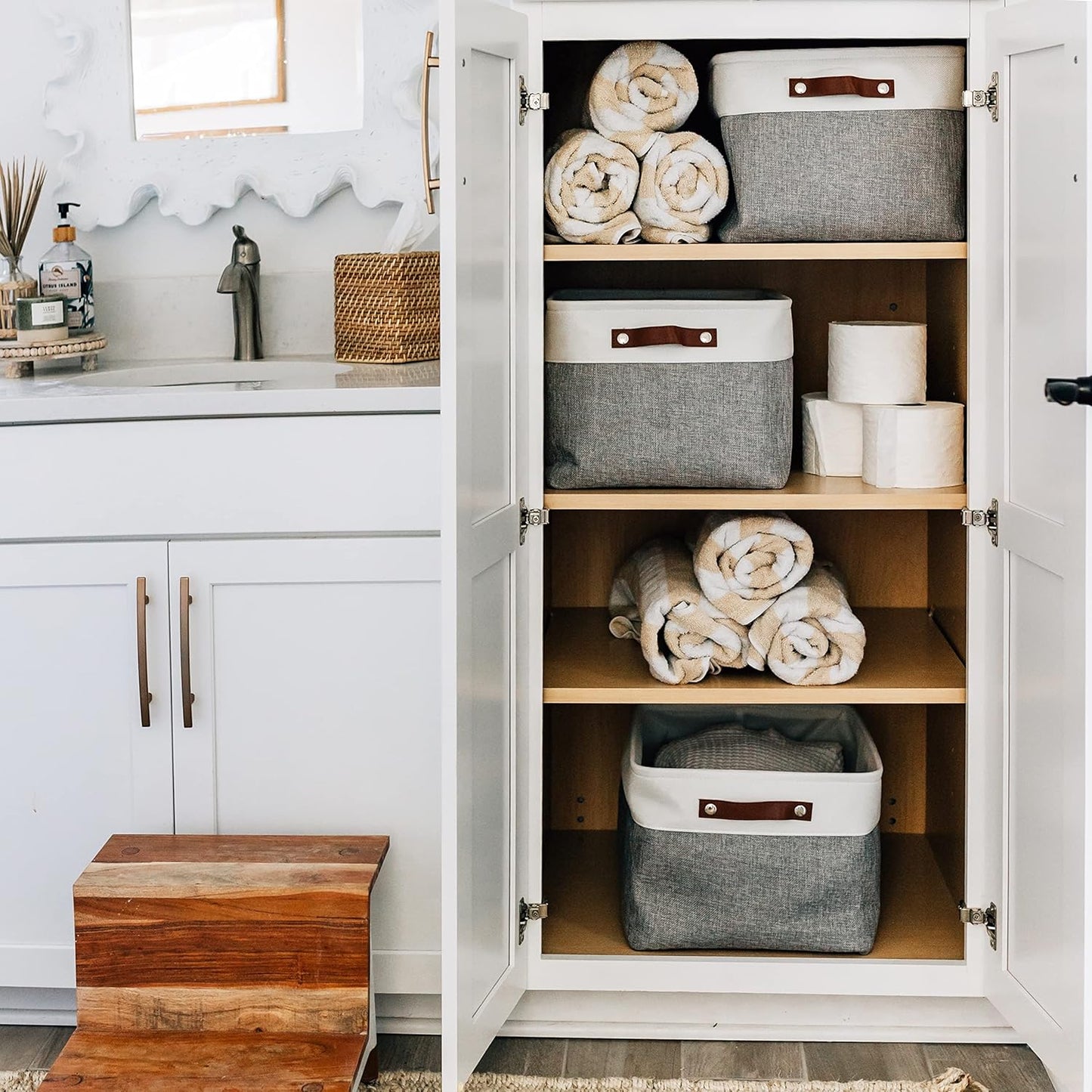 OrganiHaus Extra Large Fabric Storage Baskets for Shelves 3 Pack, 16x13in Closet Storage Bins for Shelves, Canvas Baskets for Organizing, Linen Closet Organizers, Cloth Basket, Gray/Off-White