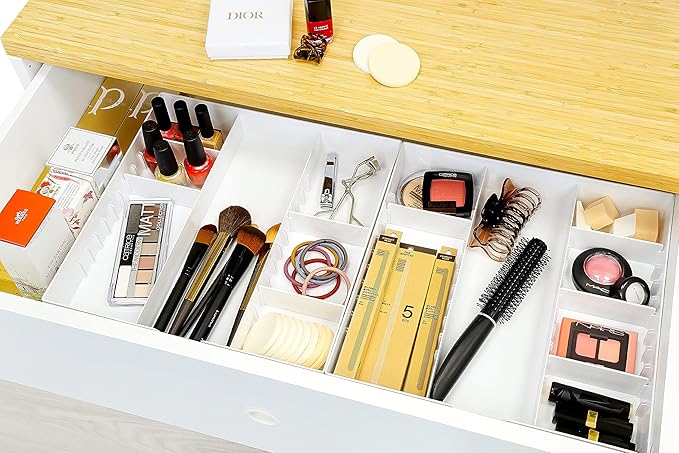 CAXXA 3 Slot Drawer Organizer with 4 Adjustable Dividers - Junk Drawer Storage for Makeup & Vanity, Office Desk Supplies and Accessories (WHITE, 1 PACK)