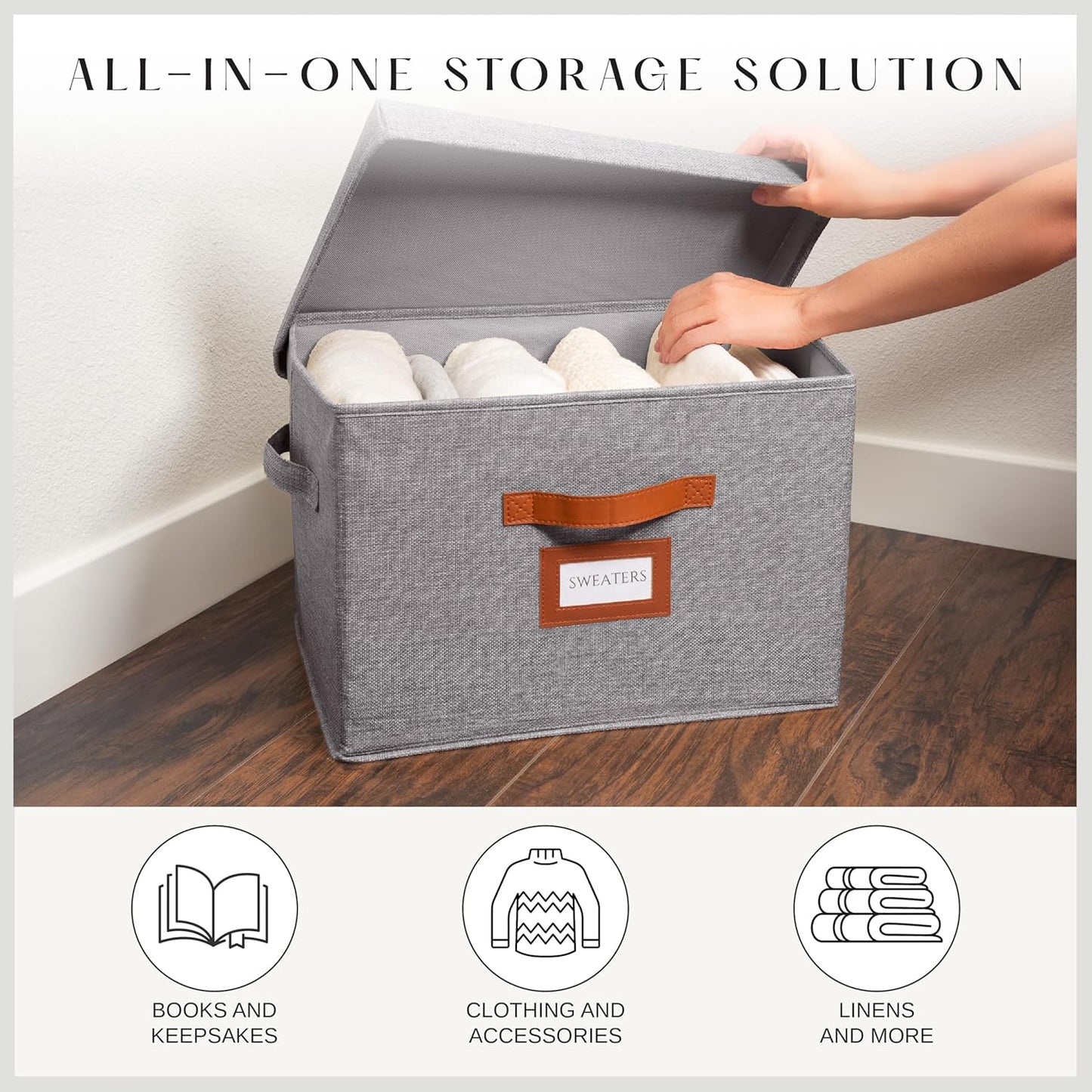 3 Pack Large Fabric Storage Box with Lid - Decorative Bin with Lid, Label Holder, Faux Handles - Large Decorative Storage Boxes with Lids for Organizing Clothes, Blankets - Steel Gray