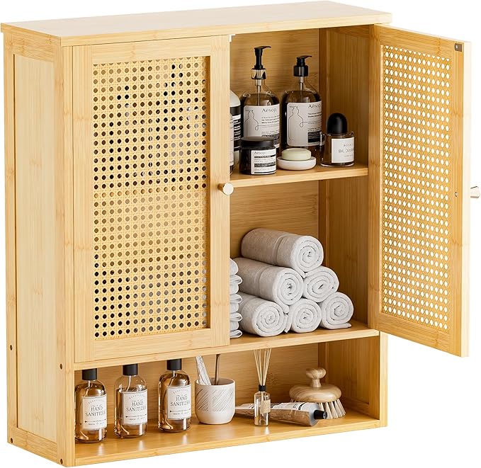 HITNET Bathroom Cabinet Wall Mounted, Rattan Medicine Cabinet, Bamboo Hanging Storage Organizer Over The Toilet with Adjustable Shelf for Living Room, Kitchen, Entryway (Natural)