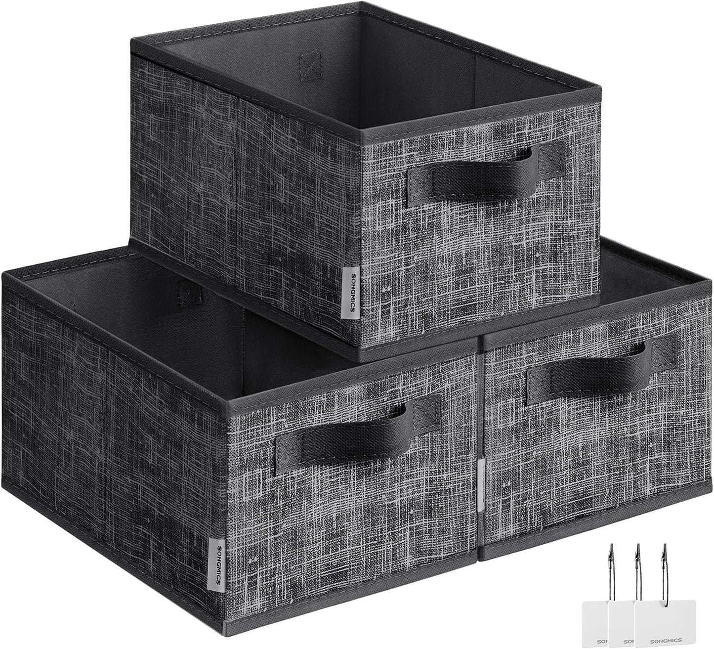 SONGMICS Storage Cubes, 11.8 x 7.9 x 5.9 Inches Non-Woven Fabric Bins with Double Handles, Set of 3, Closet Organizers for Shelves, Foldable, for Clothes, Ink Black UROB415B01