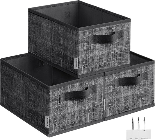 SONGMICS Storage Cubes, 11.8 x 7.9 x 5.9 Inches Non-Woven Fabric Bins with Double Handles, Set of 3, Closet Organizers for Shelves, Foldable, for Clothes, Ink Black UROB415B01