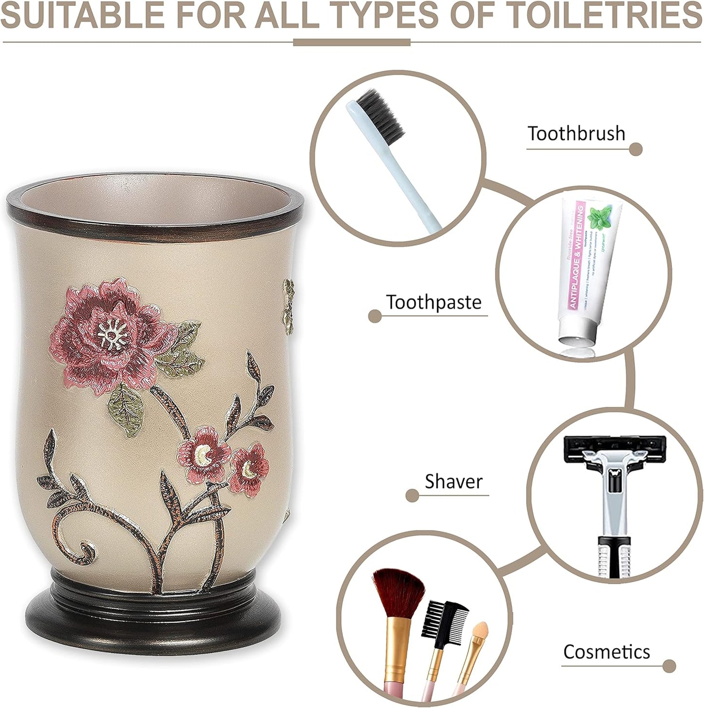 Zahari Home 4pc Larrisa Floral Bathroom Accessories Sets Modern Classic Flower Soap Dispenser, Tumbler, Tooth Brush Holder and Soap Dish Holder Luxury Decor Unique Design Stylish Bathroom Sets