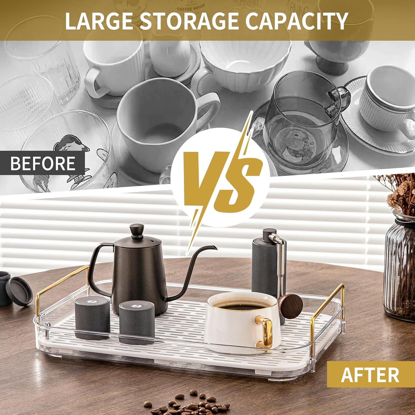 Coffee Bar Accessories, Station Organizers,Large Capacity Storage with Drain Board,Whisky Tray,Mug Tea Cup Holder Coffee Bar Organizer, White Clear