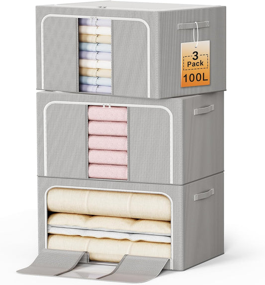Clothes Storage Bins with Metal Frame Foldable Storage Box Clothes Organizers Storage Containers for Clothes Sheets Blankets Books Toys Gifts and Holiday Decorations (100Lx3 Pack)