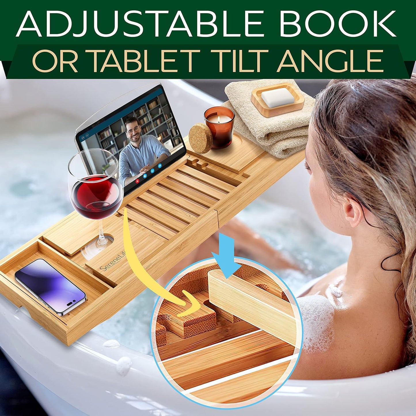 SereneLife Bamboo Bathtub Caddy with Luxury Gift Box and Red Gifting Ribbon Extendable & Adjustable Tray with Device/Book Holder with Removable Trays for Bath Accessories (Natural Color)
