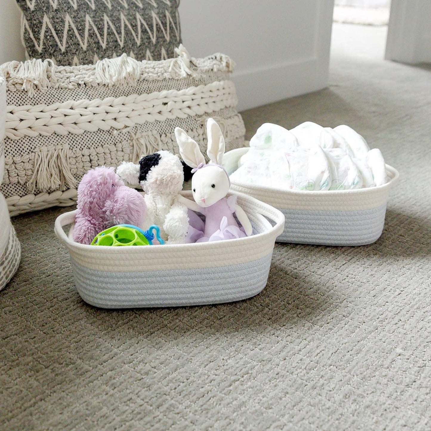 NaturalCozy 5-Piece Rectangle Storage Basket Set- Natural Cotton Rope Woven Baskets for Organizing! Small Basket for Montessori, Baby Nursery, Dog Toy Baskets, Cat Toy Box, Bathroom Organization Bin