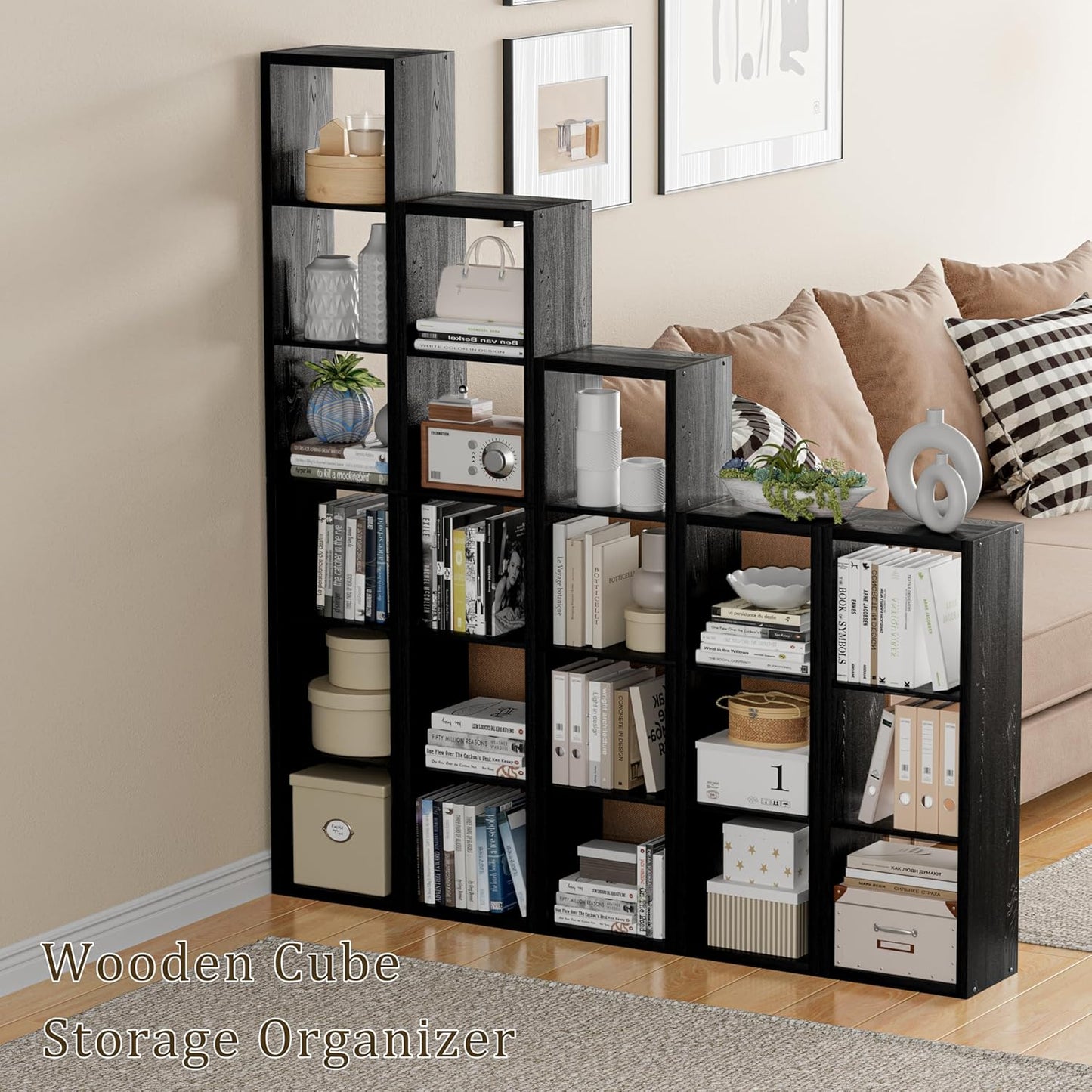 Tall Cube Storage Organizer Bookcase, 6 Tier 11 inch Open Back Cubical Shelf with Thickened Border, Display Bookshelf for Living Room, Home Office, Sturdy Room (Black, 6 Cube,Vertical)