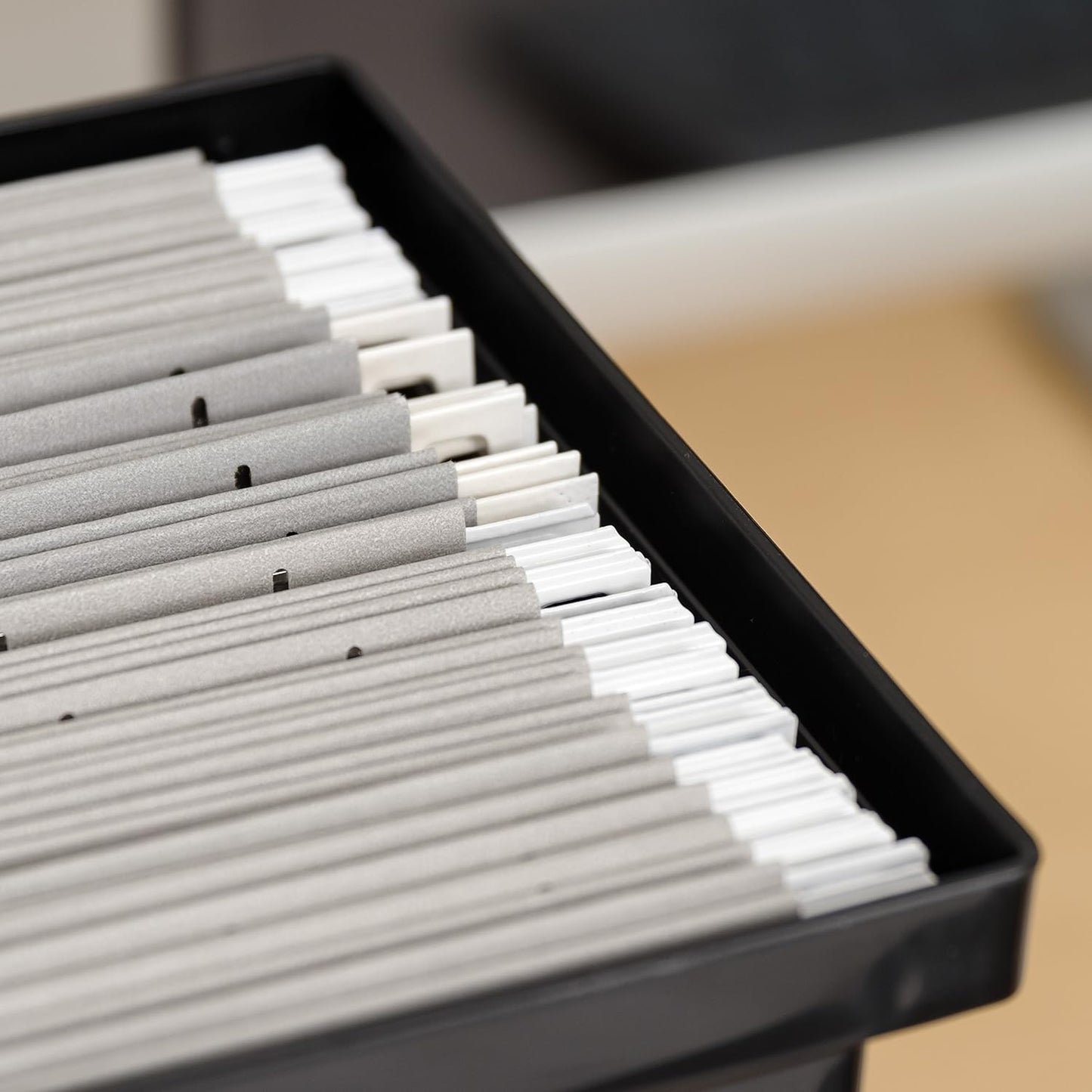 IRIS USA Medium Portable Desktop File Box with Open Lid, 6 Pack, Side Handles, Tabs & Inserts, Hanging File Folders, Letter-Size File Magazine Newspaper Mail Document Notebook, Black