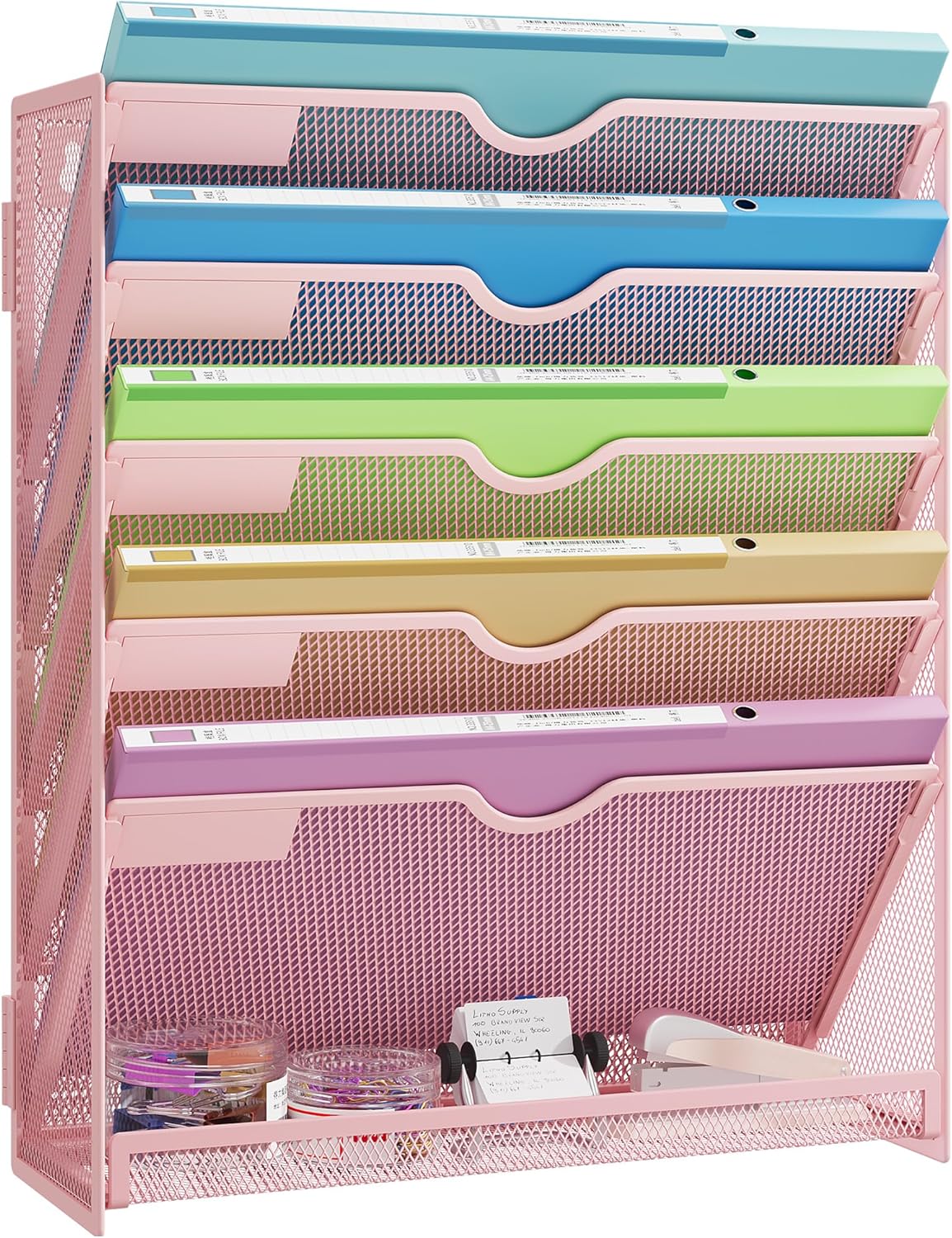 Hanging Wall File Organizer for Wall Mounted Mail Paper Folder Holder Document Organization Stand Desk File Organizer Tray for Office & Home Cubicle Countertop 6 Tier Pink