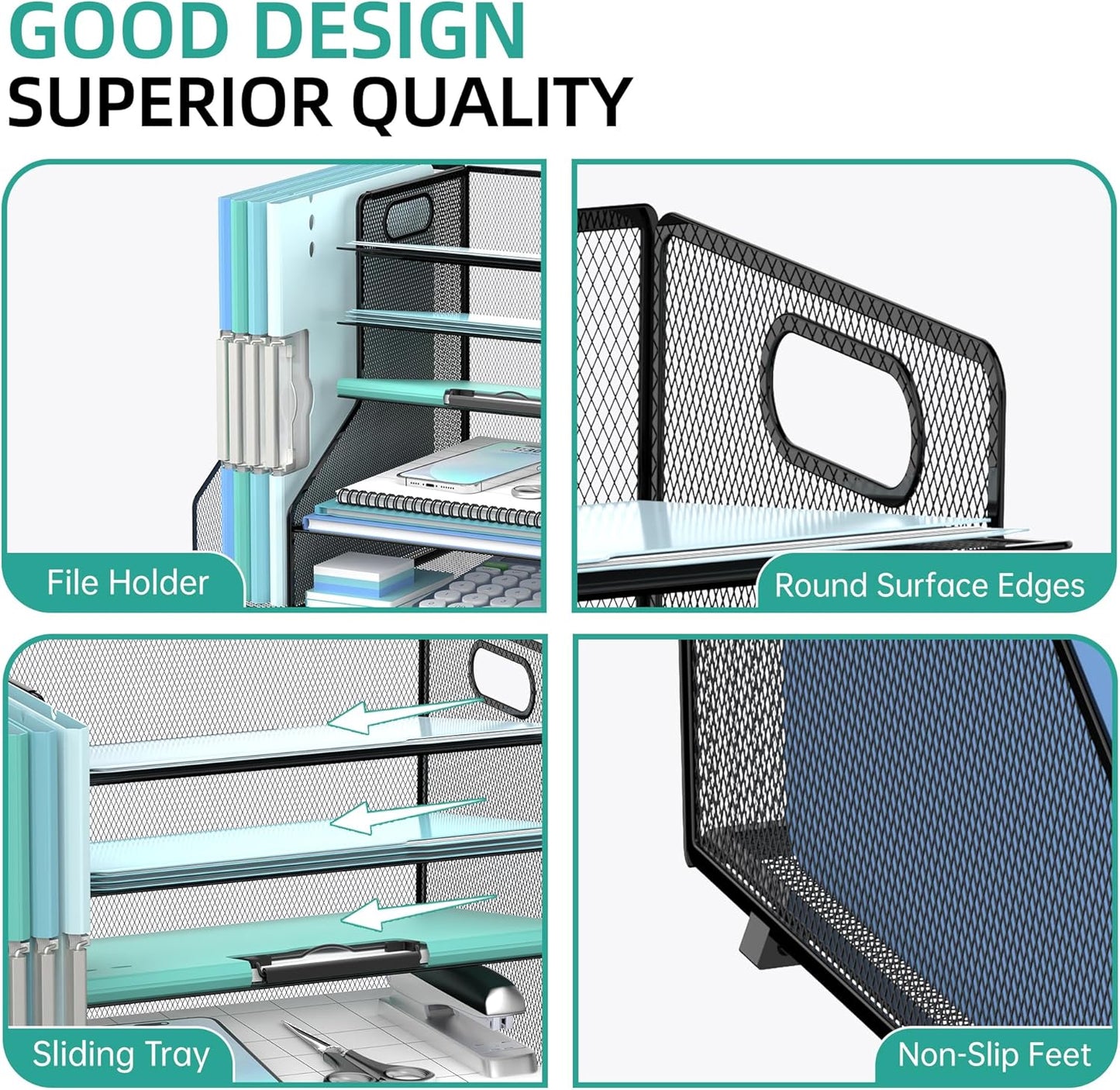 SUPEASY Desk Organizer with File Holder, 5-Tier Mesh Paper Letter Tray with Magazine Holder, Desktop Organizer and Storage for Desk Accessories Office Supplies, Black