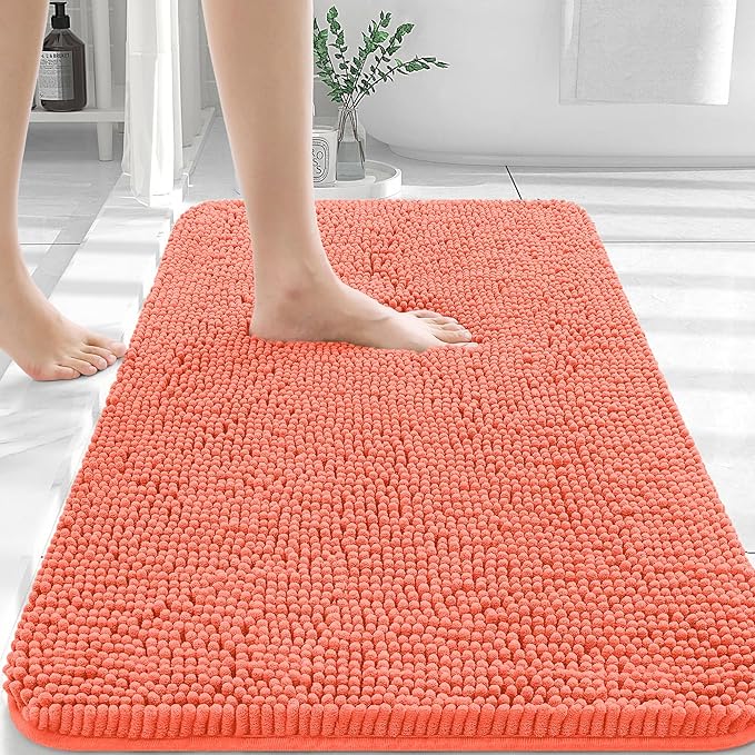 OLANLY Bathroom Rugs 36x24, Extra Soft Absorbent Chenille Bath Rugs, Rubber Backing Quick Dry, Machine Washable Bath Mats for Bathroom Floor, Tub and Shower, Home Decor Accessories, Coral