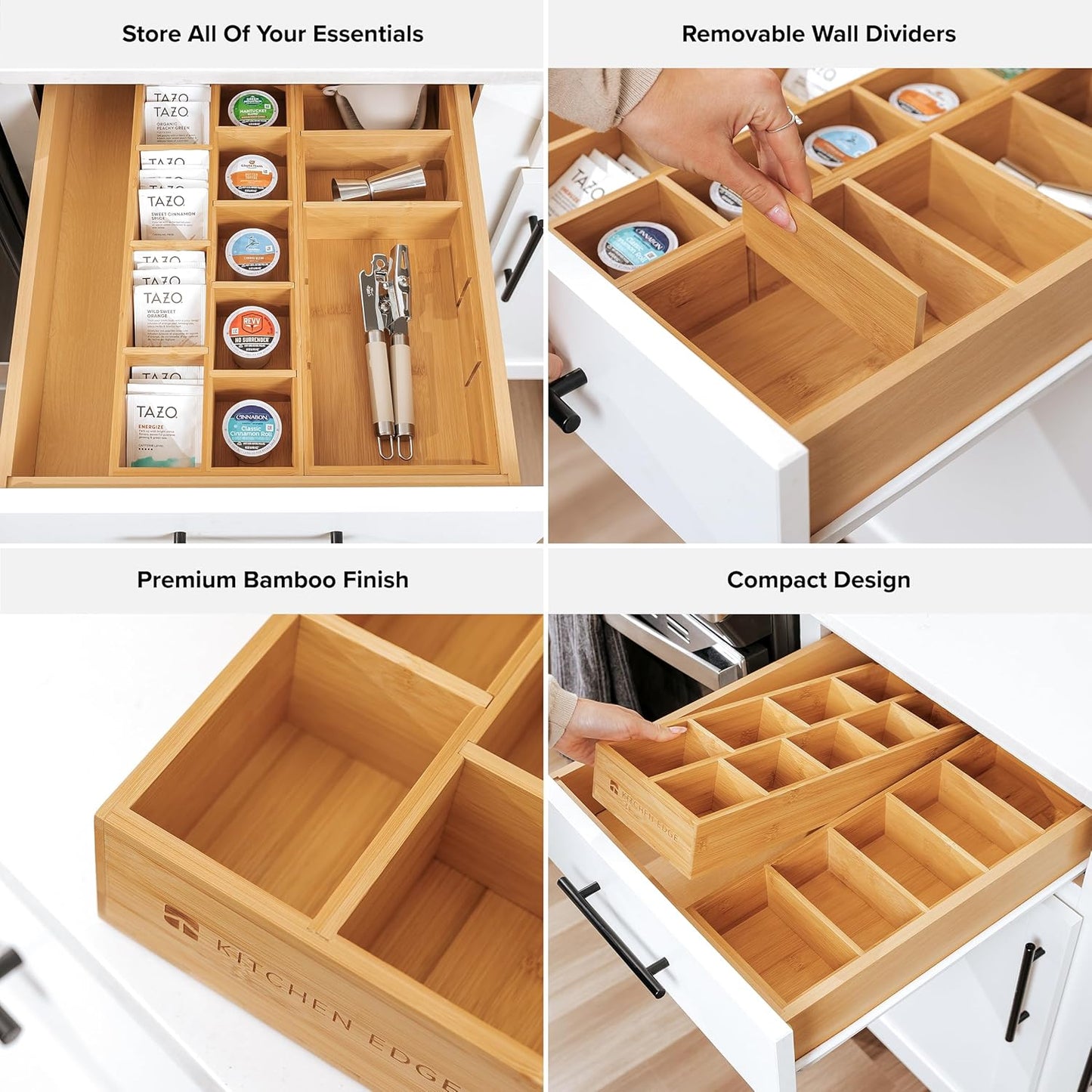 KitchenEdge Premium Utensils and Tea Bag Drawer Organizers – 14-Compartment Design with Removable Dividers, Non-Slip Feet, 100% Sustainable Bamboo, 2 Pack
