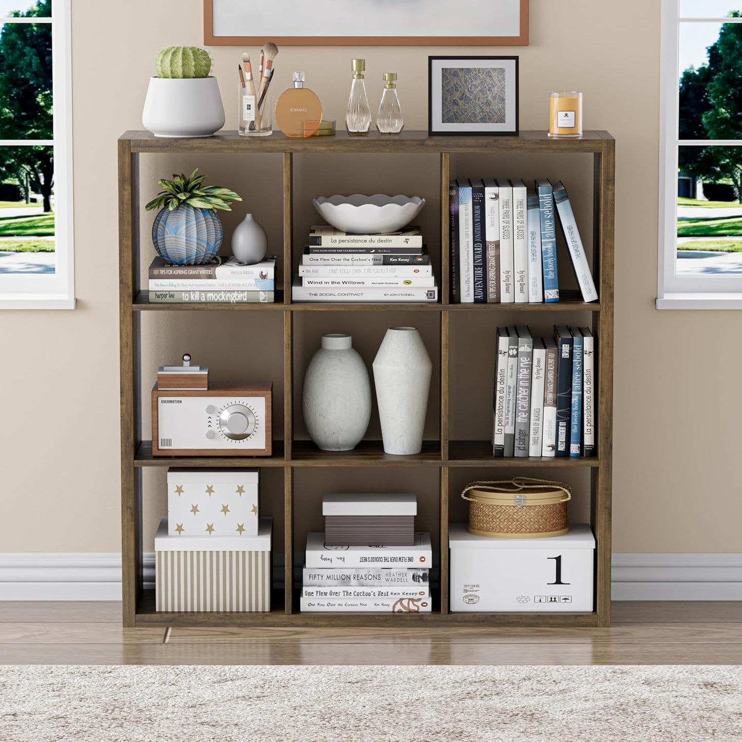 Cube Storage Organizer Bookcase, Decorative 11 inch Open Back Cubical Shelf with Thickened Border, Display Bookshelf for Living Room, Home Office, Sturdy Room (Brown, 9 Cube)