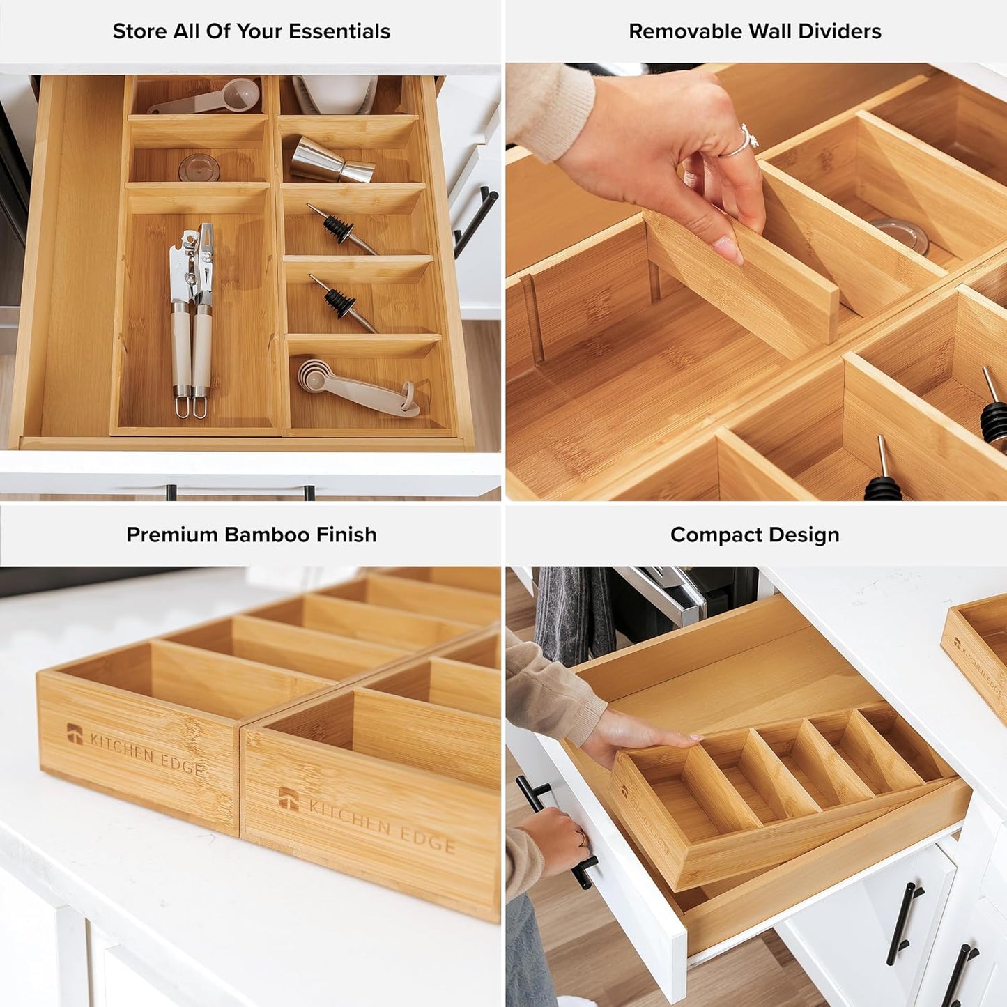 KitchenEdge Premium Kitchen Utensils and Junk Drawer Organizer – Small 5-Compartment Design with 4 Removable Dividers, Non-Slip Feet, 100% Sustainable Bamboo, 2 Pack