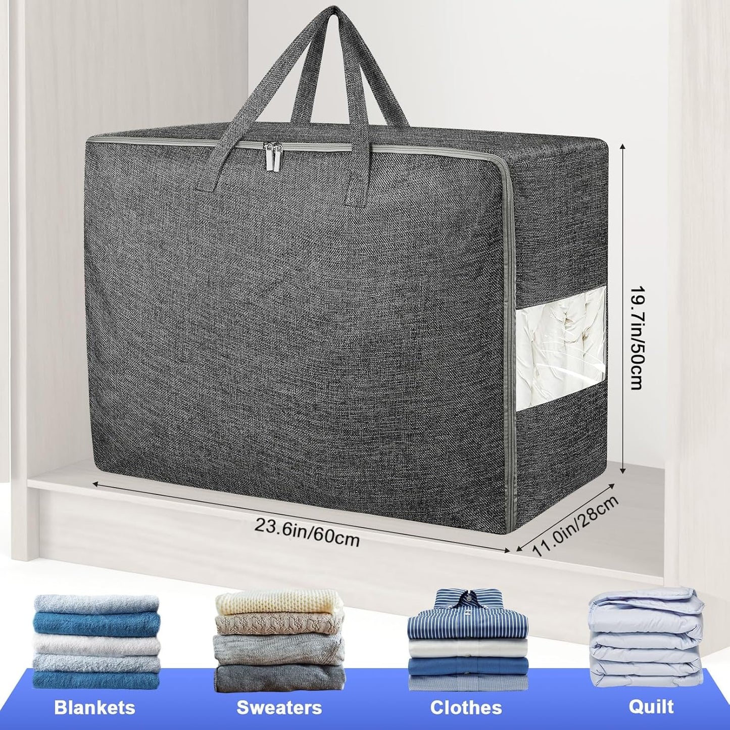 84L Extra Large Storage Bags, Folding Moving Comforter Blanket Storage Bags Closet Organizers and Storage Containers with Strong Handles&Zippers Clear Window for Clothes Bedding Pillow, Black