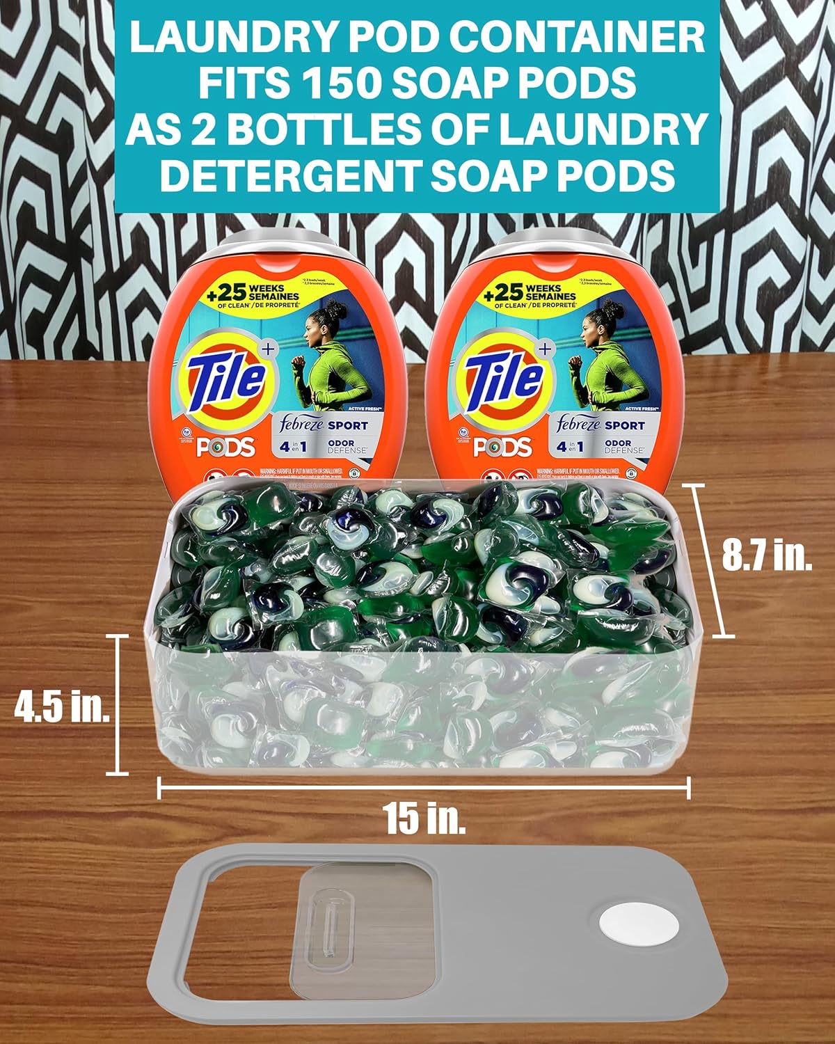 TidyFriend Laundry Pods Container with Slide Lid, 15"x8.7"x4.5", Airtight Storage Keeps Pods Fresh, Holds 9–10 lbs or 100–130 Pods, Laundry Detergent Container & Dishwasher Pod Holder (Clear & Grey)