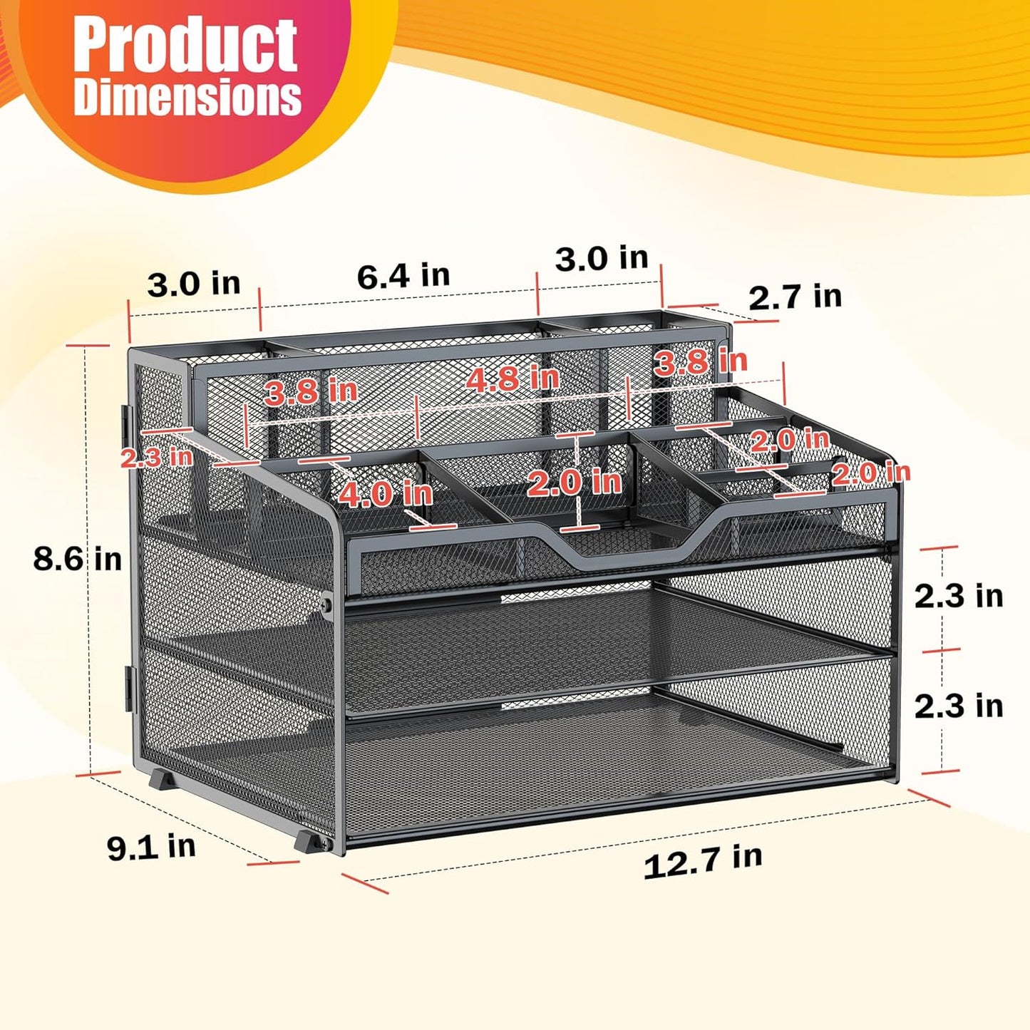 Docnest 3 Tier Mesh Desk Organizer for Paper Office Supplies – Multi-Functional Letter Tray with 5 Adjustable Compartments, 3 Pen Holders, Desktop Storage for Files, Mail, Stationery – Black