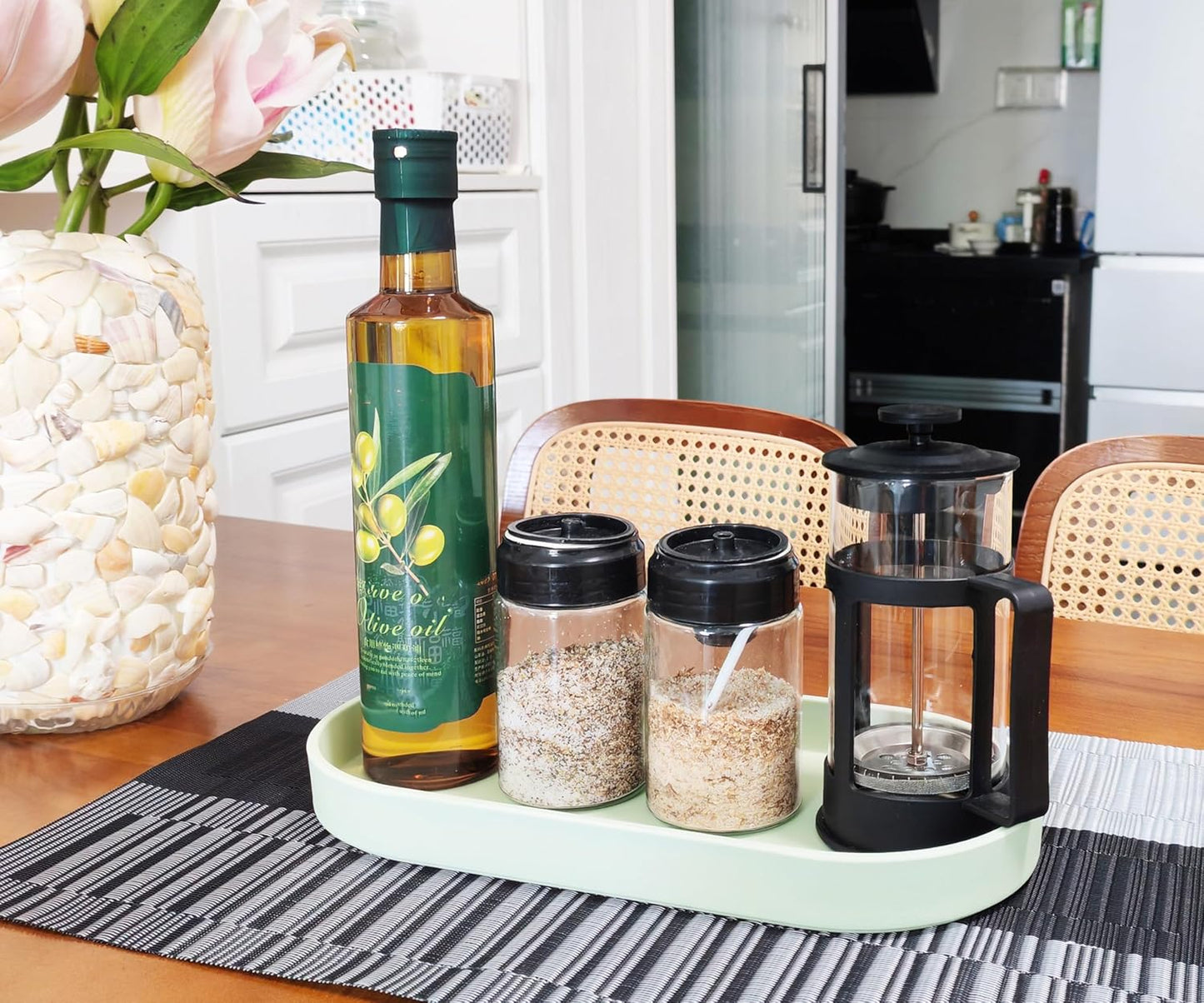 Green Small Tray (11.8 inch), Oval Tray for Kitchen Counter, Bathtub Bathroom Vanity Items, Countertop Organizer, Coffee Accessory, Bar, Serving Seasoning, Salt and Pepper, Soap, Perfume.