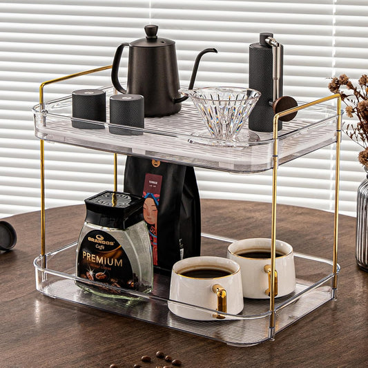 Coffee Bar Accessories, Station Organizers,Large Capacity Storage with Drain Board,Whisky Tray,Mug Tea Cup Holder Coffee Bar Organizer,White Clear