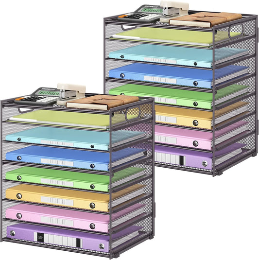 8-Tier Paper Organizer with Handle, Metal Mesh Desk Organizer File Folder Paper Letter Tray Desktop Document Sorter for Office, Home or School (Grey-2 Pcs)