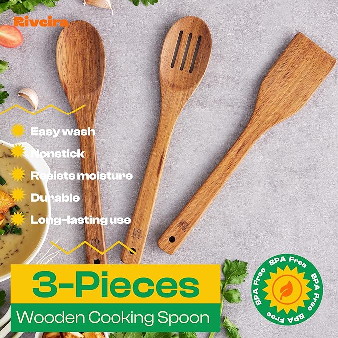 Riveira Teak Wooden Cooking Utensils Set of 3 Natural Teak Wooden Spoons & Spatula, Non-Toxic, Heat-Resistant, Scratch-Free for Non-Stick Cookware