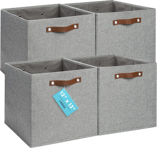 OrganiHaus 13" x 13" x 13" Cube Fabric Storage Bins Set of 4, Canvas Storage Cubes w/ Vegan Handles, 13 inch Collapsible Bins for Kallax, Cubbies Organizer, 13x13 Basket for Decor - Grey